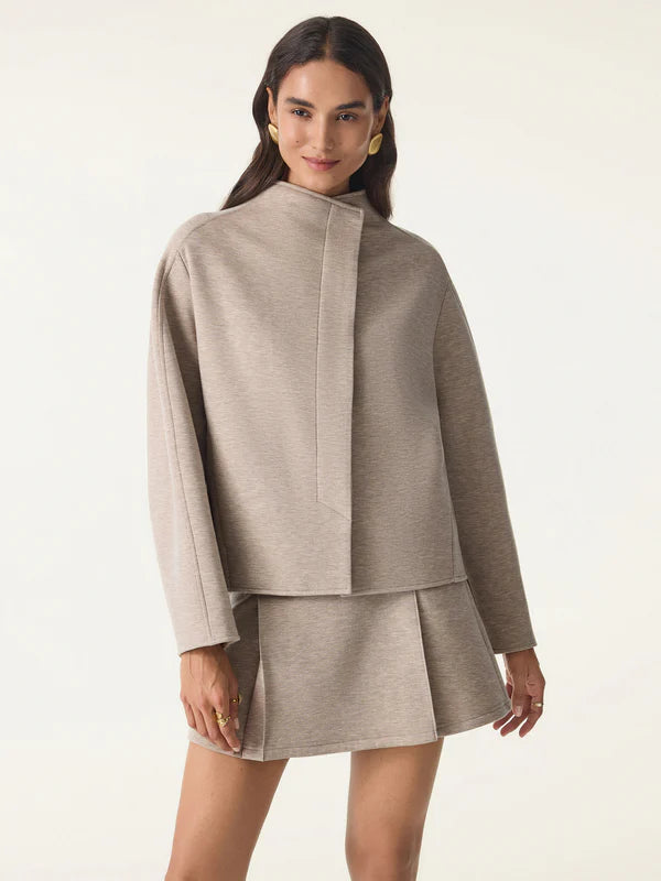 2'li Takım Cepli Minimalist Dik Yaka Kaşe Kısa Ceket ve Mini Etek