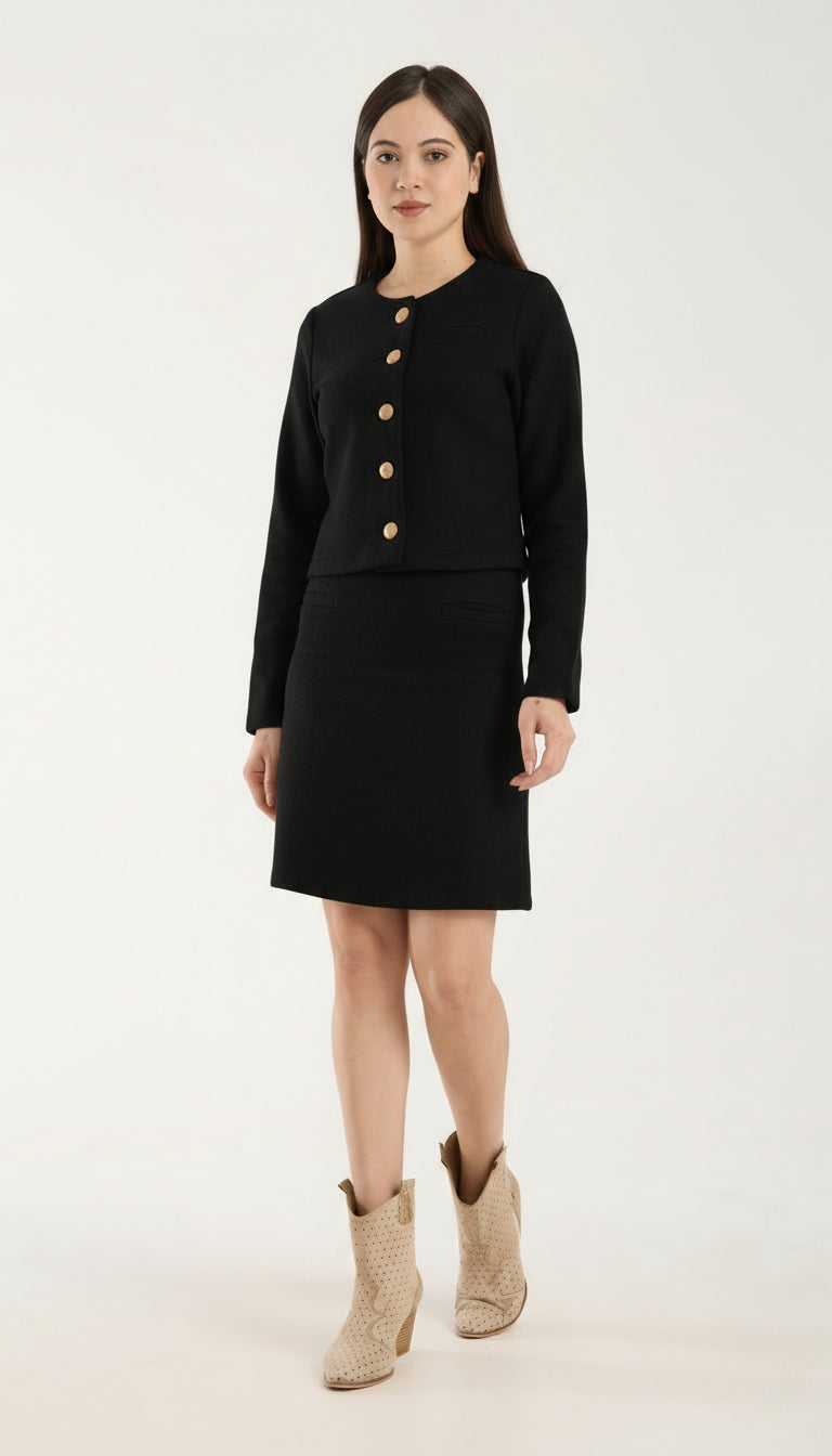 2 Parça Set Düğmeli Plaketli Kısa Ceket & Kloş Etek Uçlu Mini Etek