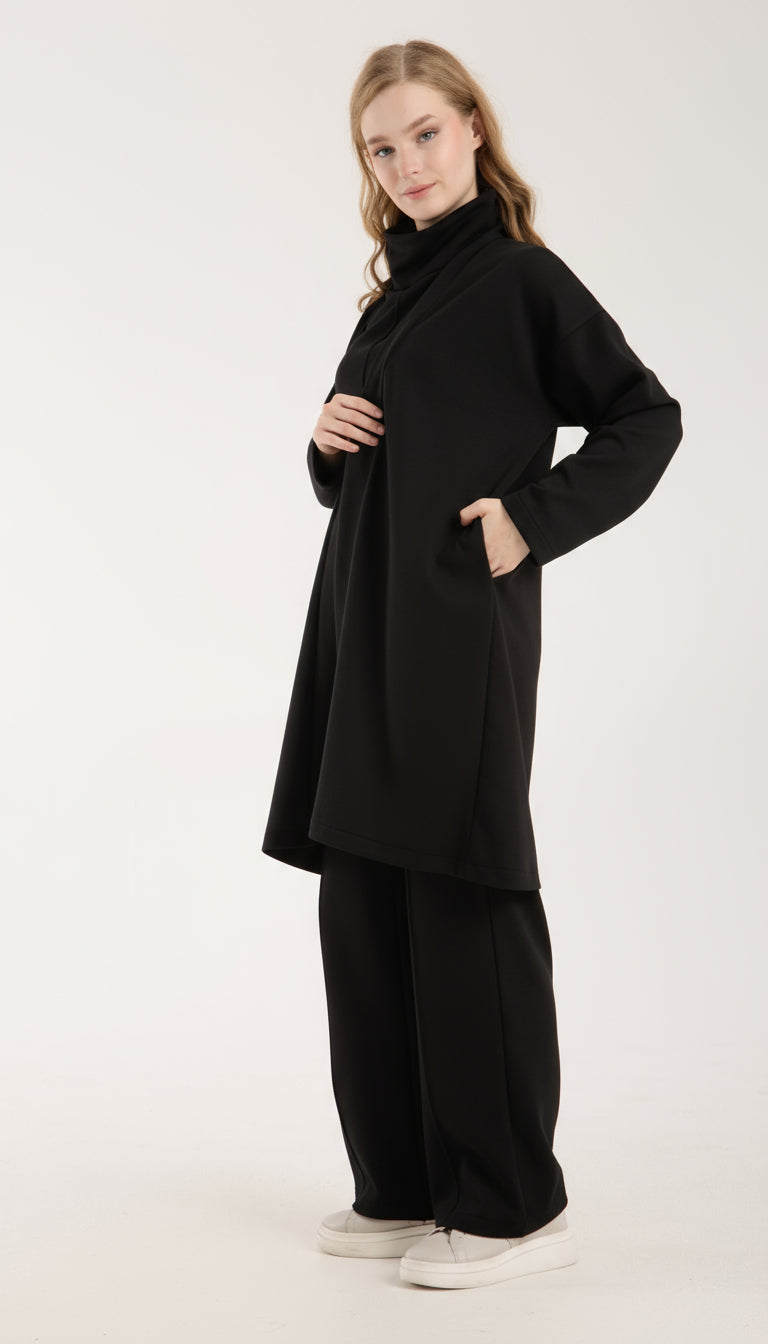 Şal Yaka Hırka & Yırtmaç Detaylı Üst & Yüksek Bel Düz Kesim Pantolon