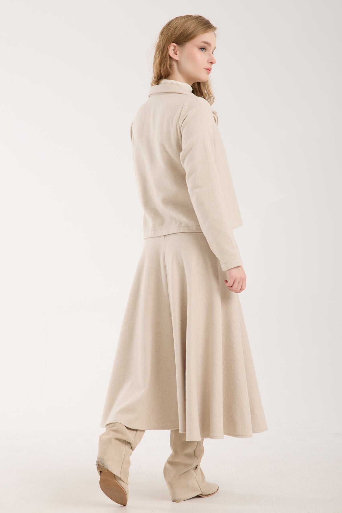 3 Parça Set Katlanabilir Balıkçı Yaka Üst & Kısa Ceket & Kloş Uzun Etek