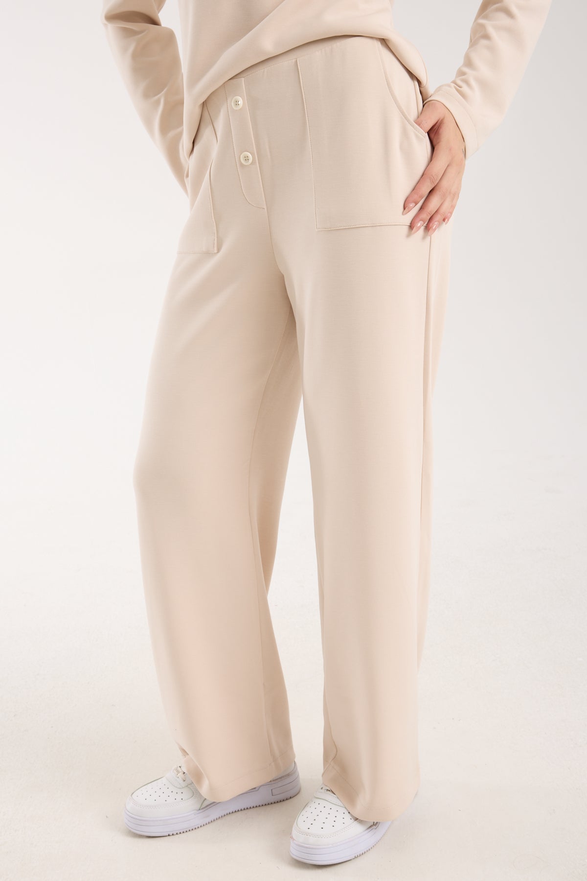 2 Parça Set Düğmeli Henley Bralet Üst & Düğmeli Cepli Pantolon