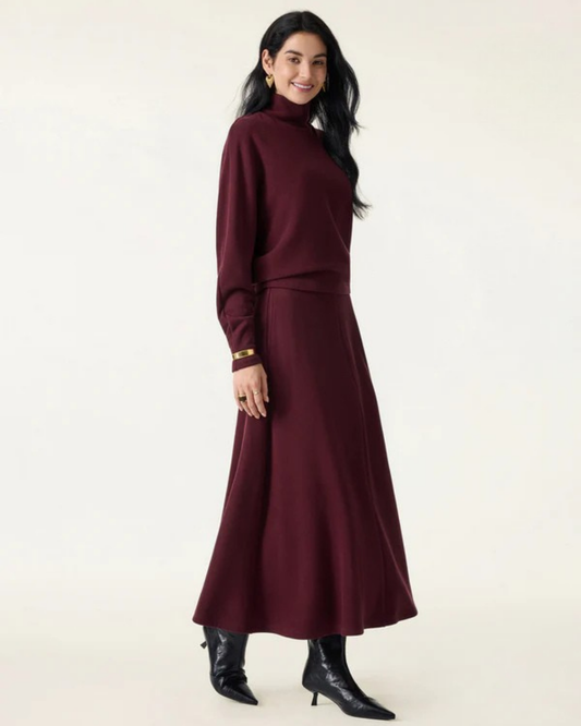 2 Parça Set Balıkçı Yaka Yarasa Kollu Brami ve Midi Cepli A Kesim Etek