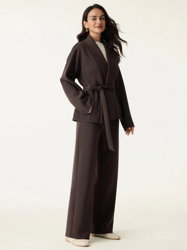 2 Parça Set Şal Kemerli Dış Giyim ve Cepli Yüksek Bel Düz Pantolon