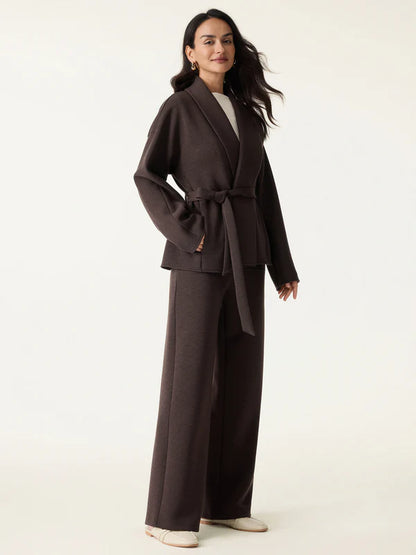 2 Parça Set Şal Kemerli Dış Giyim ve Cepli Yüksek Bel Düz Pantolon