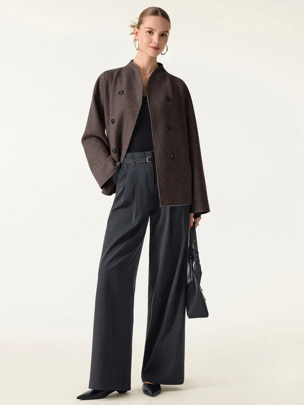 Cepli Dik Yaka Kruvaze Kaşe Ceket