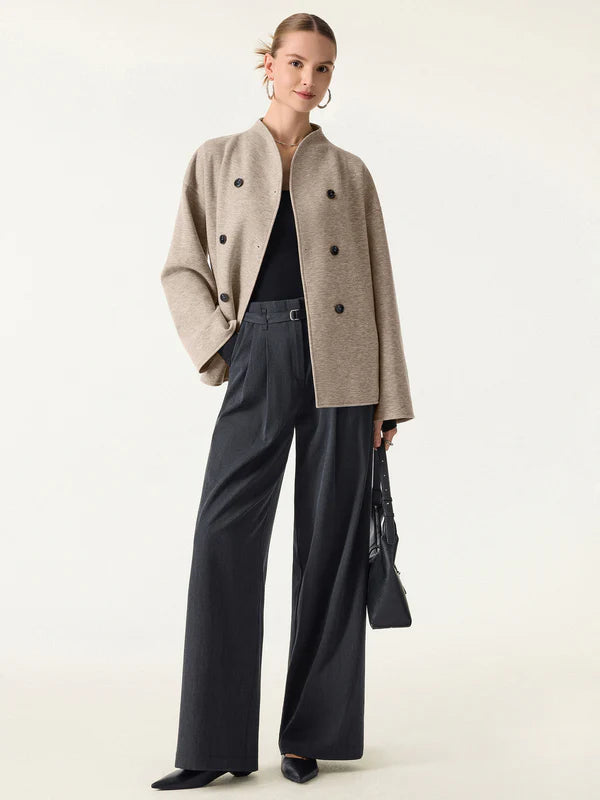 Cepli Dik Yaka Kruvaze Kaşe Ceket