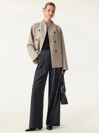 Cepli Dik Yaka Kruvaze Kaşe Ceket