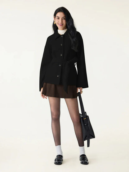 Kemerli Düğmeli Kaşe Ceket