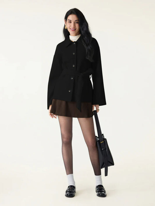 Kemerli Düğmeli Kaşe Ceket