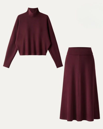 2 Parça Set Balıkçı Yaka Yarasa Kollu Brami ve Midi Cepli A Kesim Etek