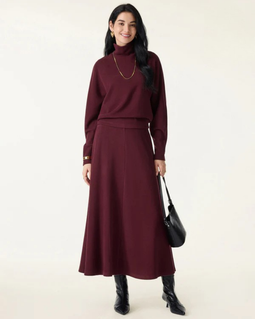 2 Parça Set Balıkçı Yaka Yarasa Kollu Brami ve Midi Cepli A Kesim Etek