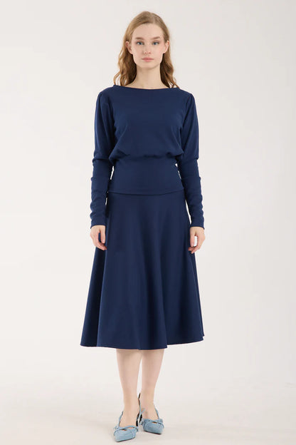 2 Parça set Puf Kollu Kayık Yaka Brami Üst & Korsajlı Kloş Etek