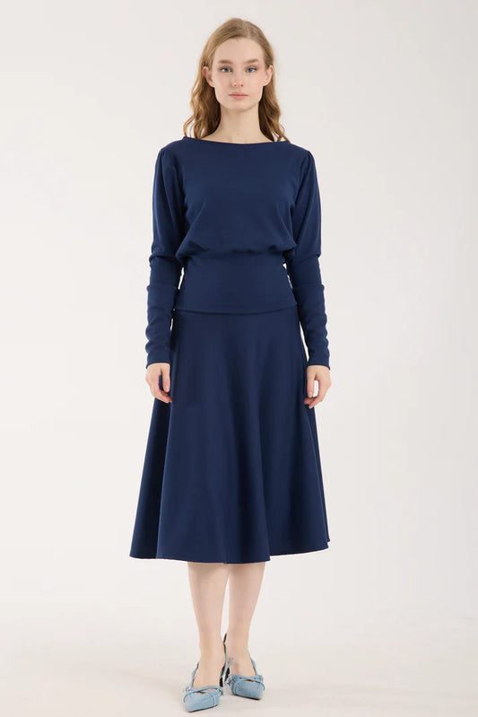 2 Parça set Puf Kollu Kayık Yaka Brami Üst & Korsajlı Kloş Etek