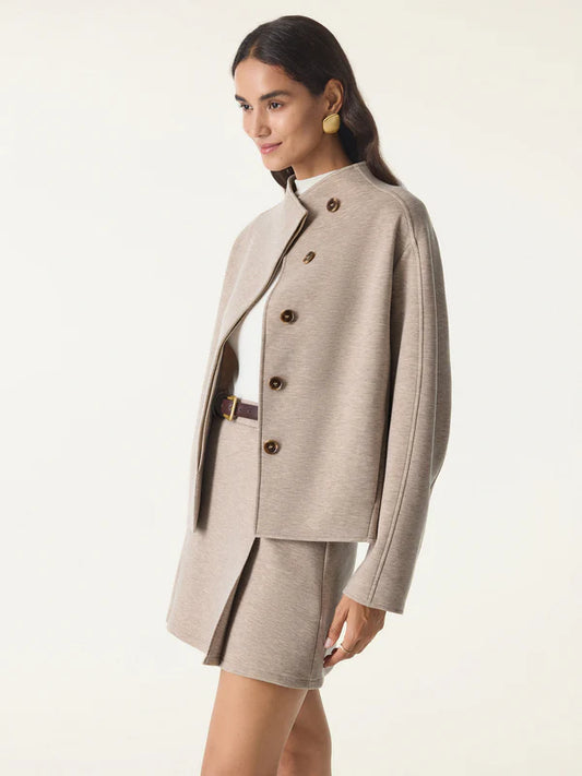 2'li Takım Cepli Minimalist Dik Yaka Kaşe Kısa Ceket ve Mini Etek