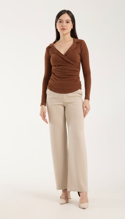 Yaka Detaylı Brami Üst & Esnek Orta Bel Düz Paça Pantolon