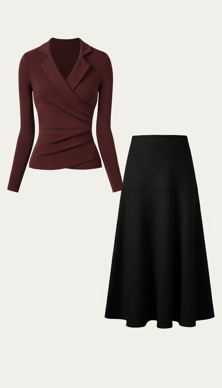 2'li Takım Yaka Detaylı Sarma Üst & Flared Maxi Etek