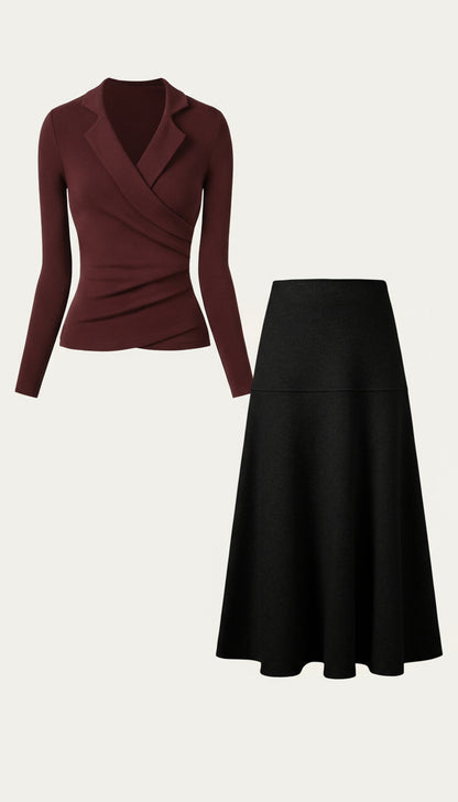 2'li Takım Yaka Detaylı Sarma Üst & Flared Maxi Etek