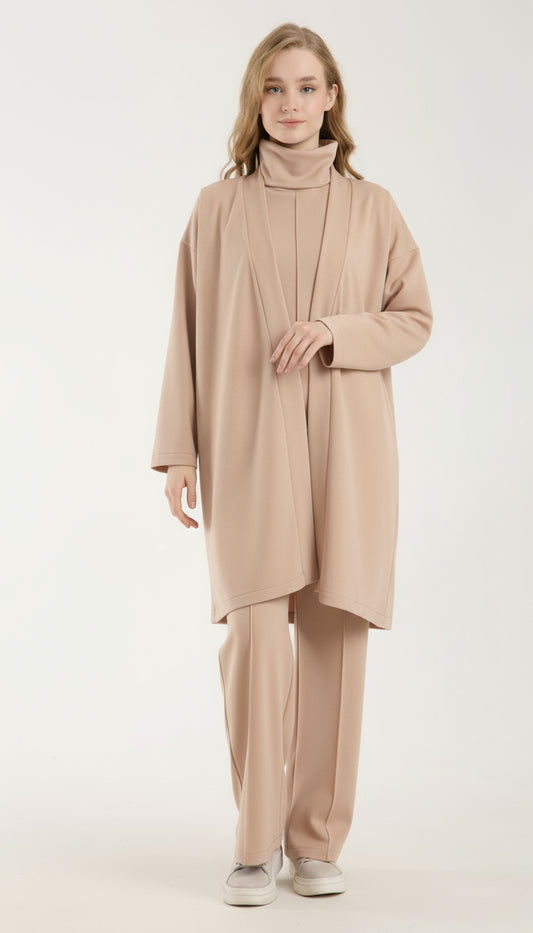 Şal Yaka Hırka & Yırtmaç Detaylı Üst & Yüksek Bel Düz Kesim Pantolon