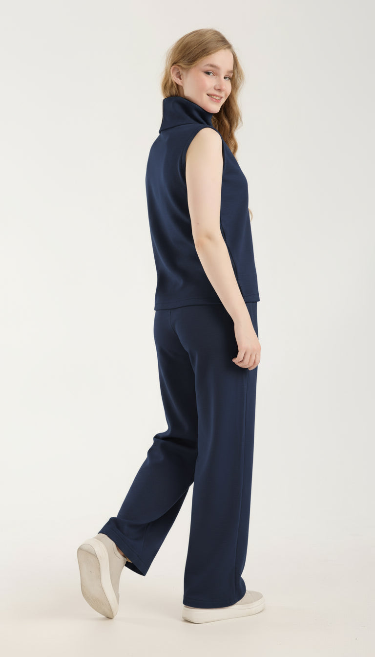 2'li Takım Yırtmaç Detaylı Üst & Yüksek Bel Düz Kesim Pantolon