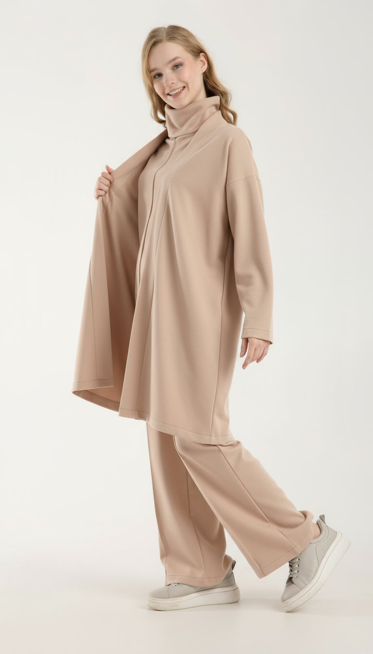 Şal Yaka Hırka & Yırtmaç Detaylı Üst & Yüksek Bel Düz Kesim Pantolon