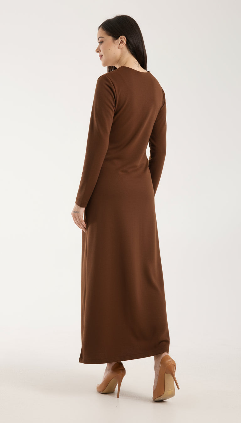 Yan Büzgülü Geniş Omuzlu Midi Elbise