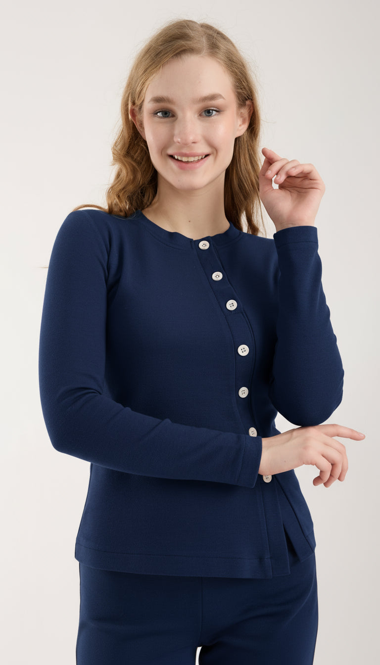 Asimetrik Düğme Detaylı Brami Üst