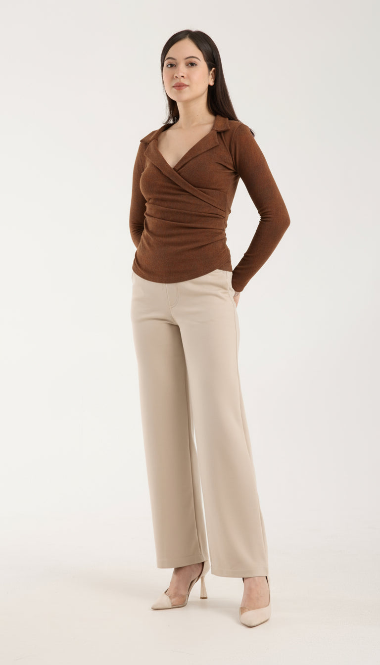 Yaka Detaylı Brami Üst & Esnek Orta Bel Düz Paça Pantolon