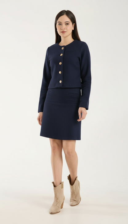 2 Parça Set Düğmeli Plaketli Kısa Ceket & Kloş Etek Uçlu Mini Etek