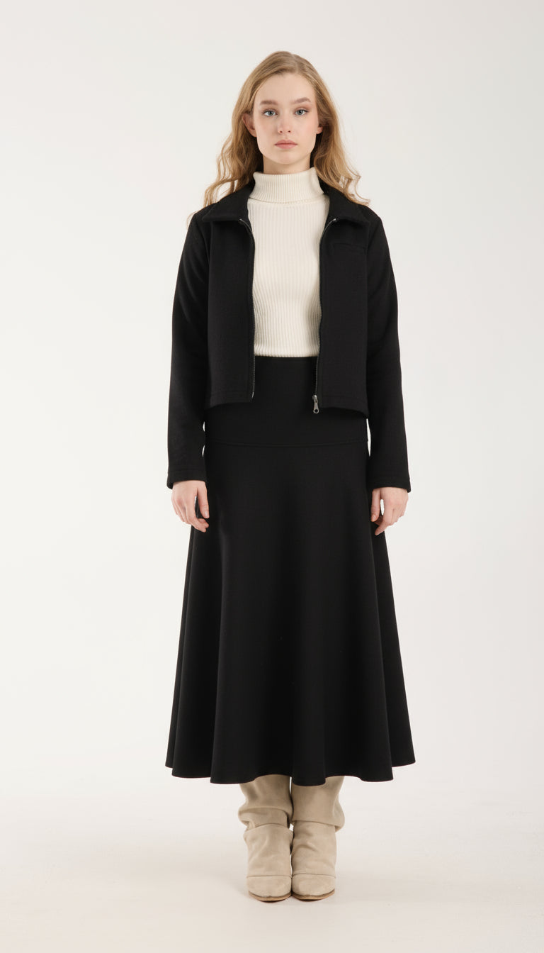 2 Parça Set Tam Fermuarlı Kısa Ceket ve Kloş Uzun Etek