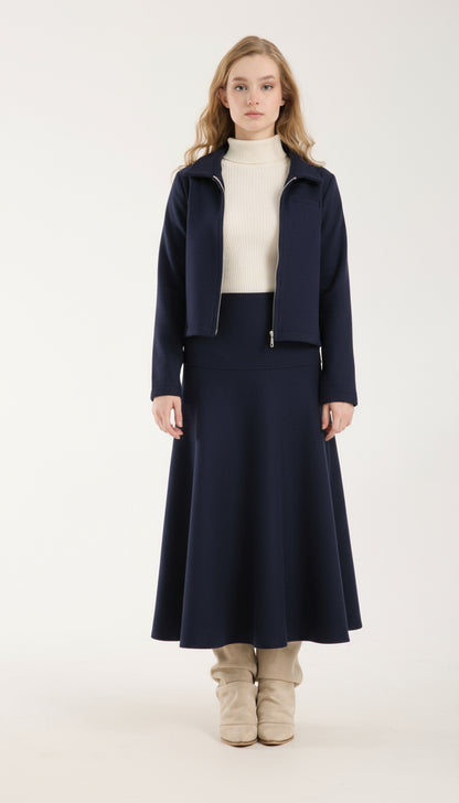 2 Parça Set Tam Fermuarlı Kısa Ceket ve Kloş Uzun Etek