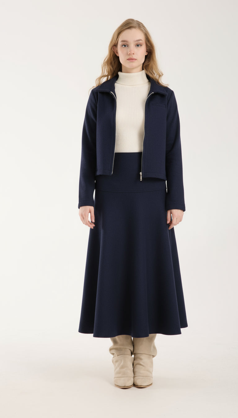 3 Parça Set Katlanabilir Balıkçı Yaka Üst & Kısa Ceket & Kloş Uzun Etek