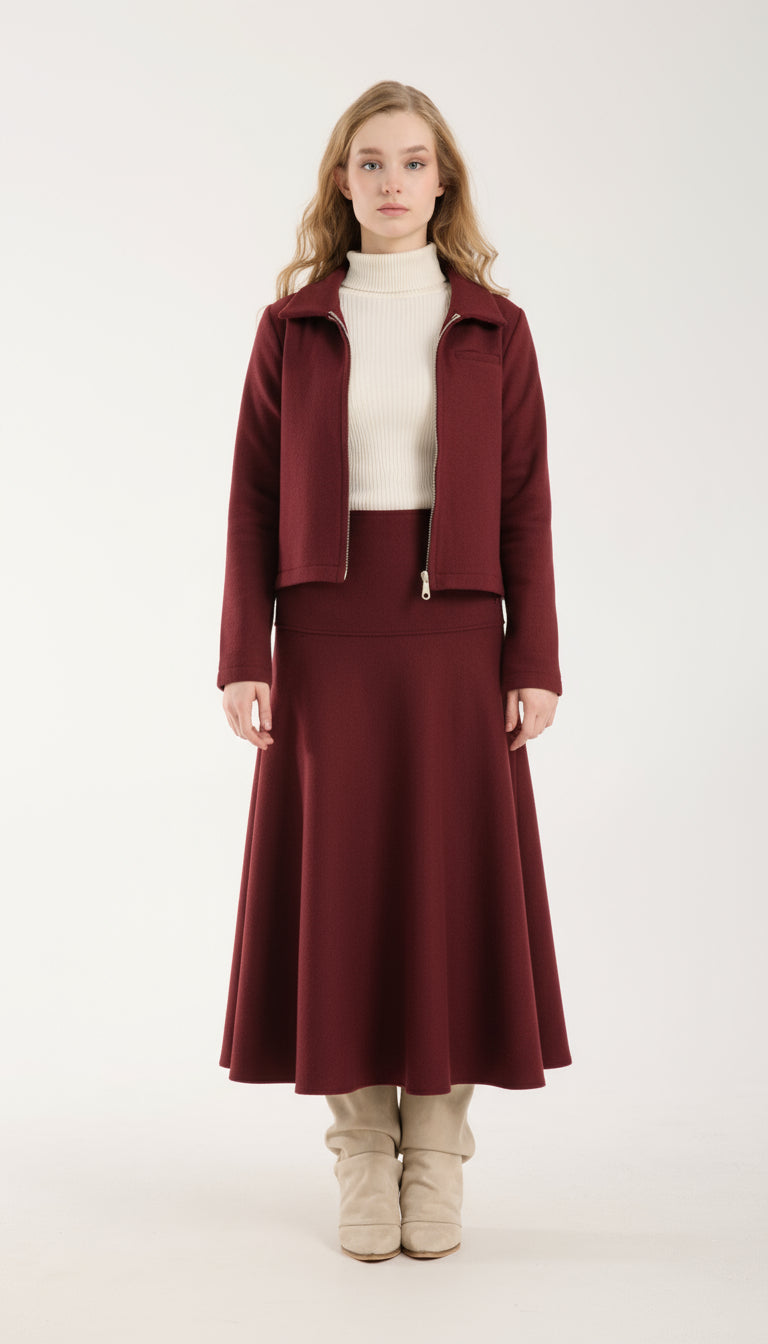 3 Parça Set Katlanabilir Balıkçı Yaka Üst & Kısa Ceket & Kloş Uzun Etek