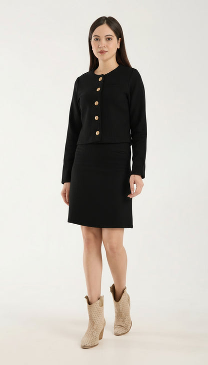 2 Parça Set Düğmeli Plaketli Kısa Ceket & Kloş Etek Uçlu Mini Etek