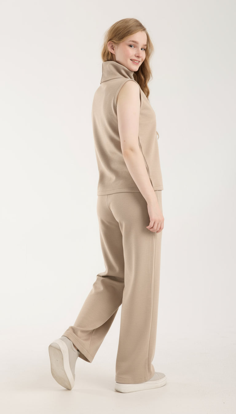 2'li Takım Yırtmaç Detaylı Üst & Yüksek Bel Düz Kesim Pantolon