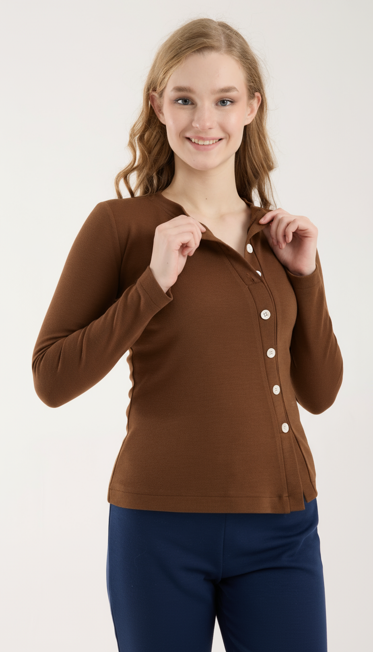 Asimetrik Düğme Detaylı Brami Üst