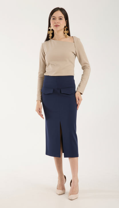 Cep Detaylı Önden Yırtmaçlı Kalem Etek