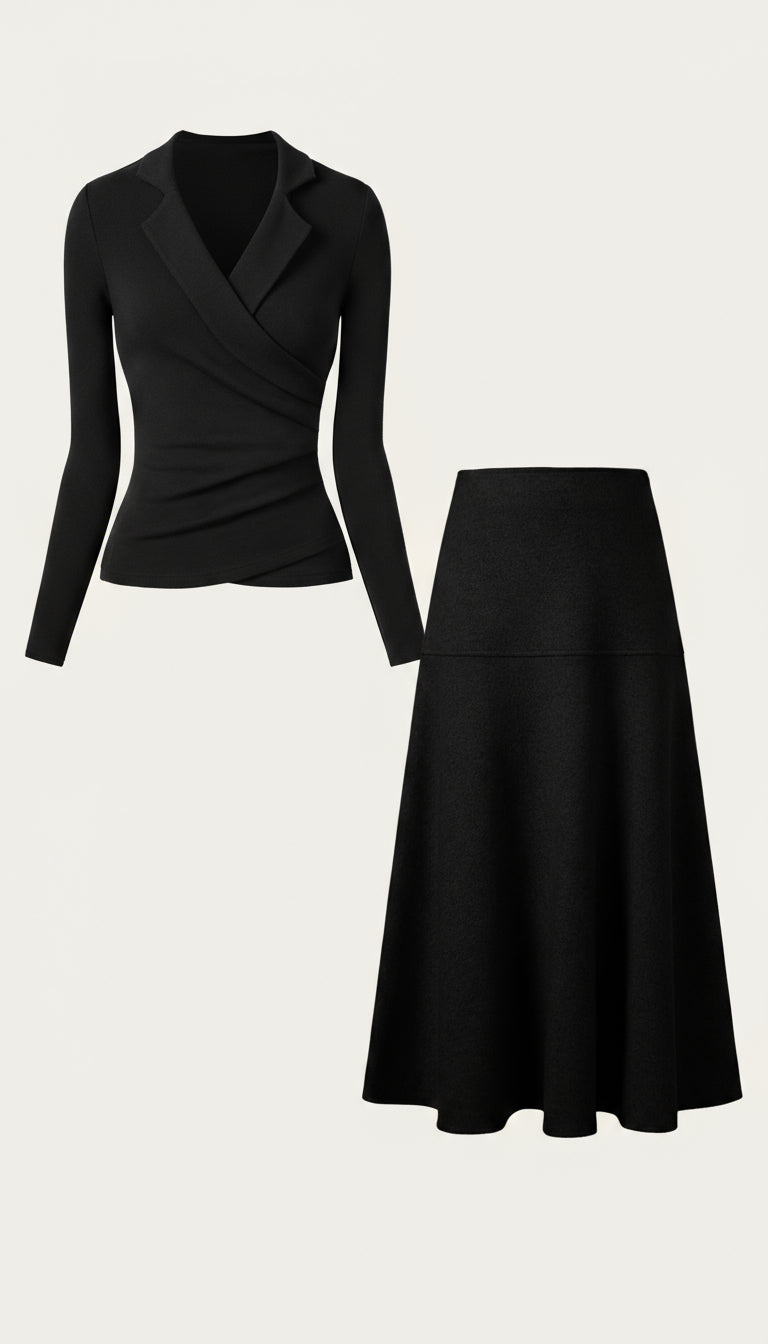 2'li Takım Yaka Detaylı Sarma Üst & Flared Maxi Etek