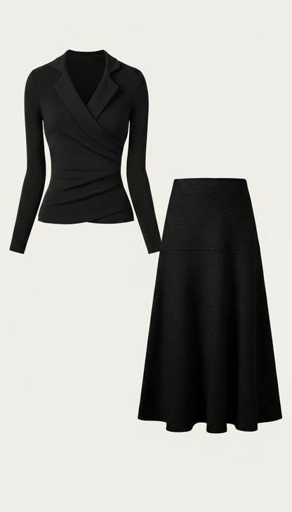 2'li Takım Yaka Detaylı Sarma Üst & Flared Maxi Etek