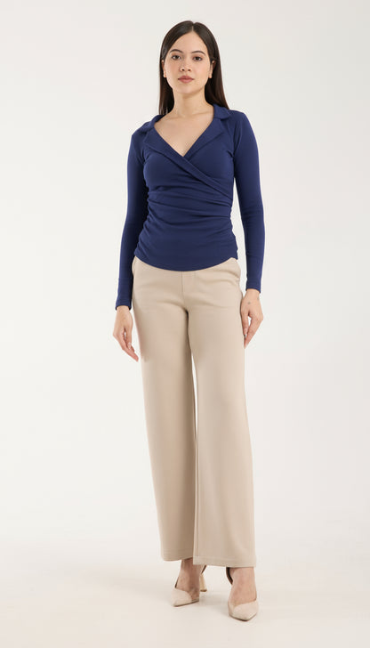 Yaka Detaylı Brami Üst & Esnek Orta Bel Düz Paça Pantolon