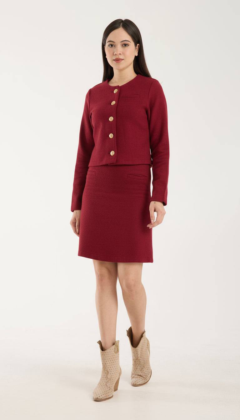 2 Parça Set Düğmeli Plaketli Kısa Ceket & Kloş Etek Uçlu Mini Etek