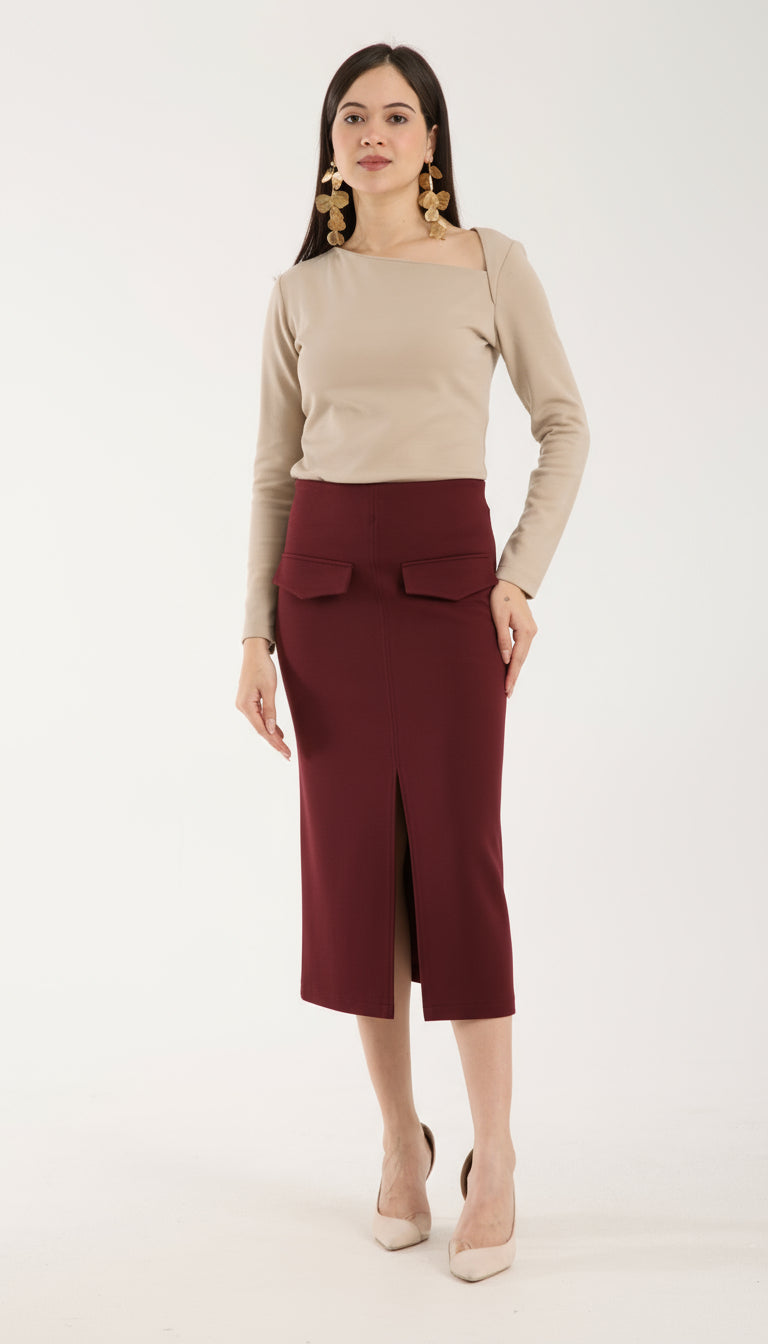 Cep Detaylı Önden Yırtmaçlı Kalem Etek