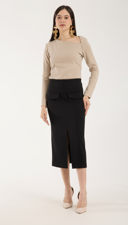 Cep Detaylı Önden Yırtmaçlı Kalem Etek