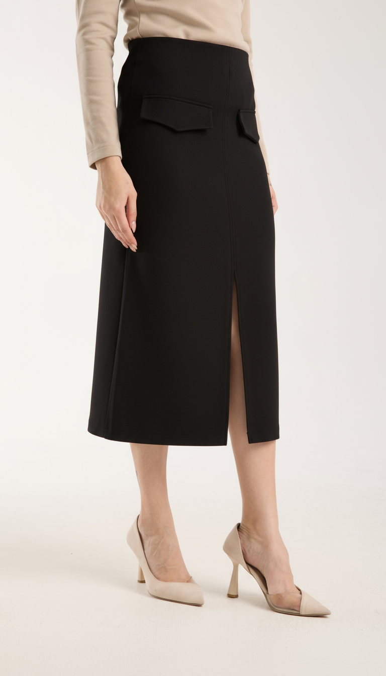 Cep Detaylı Önden Yırtmaçlı Kalem Etek