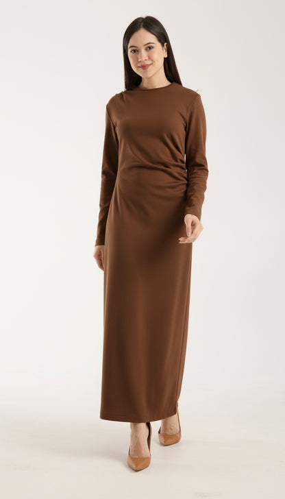 Yan Büzgülü Geniş Omuzlu Midi Elbise