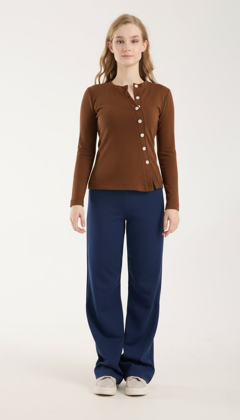 Asimetrik Düğme Detaylı Brami Üst