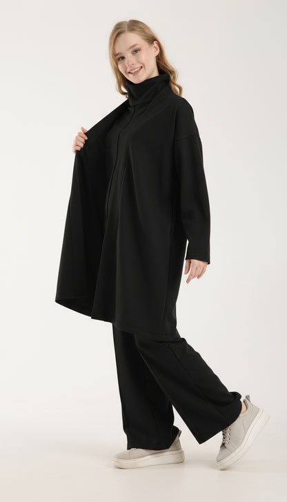 Şal Yaka Hırka & Yırtmaç Detaylı Üst & Yüksek Bel Düz Kesim Pantolon