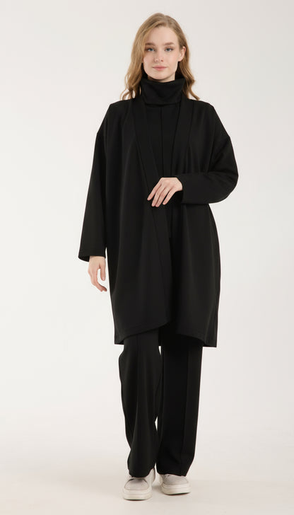 Şal Yaka Hırka & Yırtmaç Detaylı Üst & Yüksek Bel Düz Kesim Pantolon