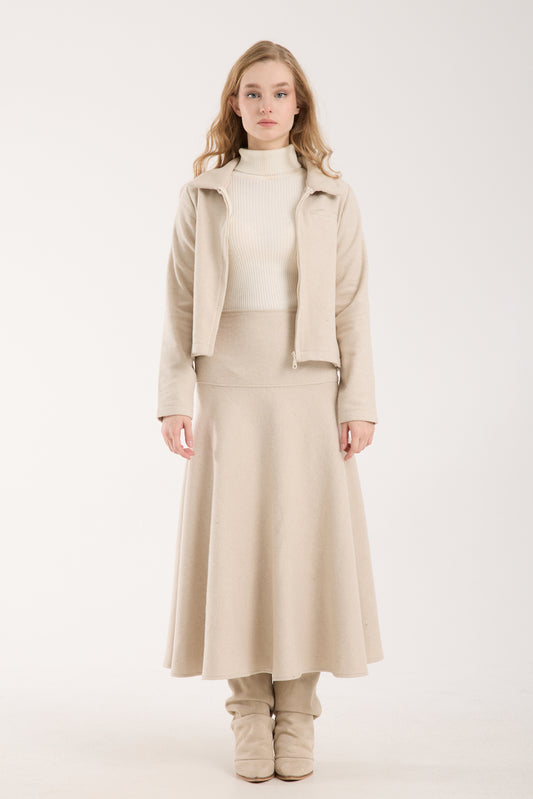 3 Parça Set Katlanabilir Balıkçı Yaka Üst & Kısa Ceket & Kloş Uzun Etek