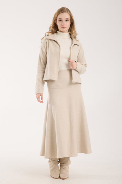 3 Parça Set Katlanabilir Balıkçı Yaka Üst & Kısa Ceket & Kloş Uzun Etek