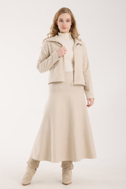 2 Parça Set Tam Fermuarlı Kısa Ceket ve Kloş Uzun Etek